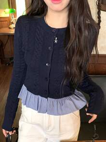 DAZY Women's Contrast Color Patchwork Casual Cardigan - Navy Blue - View 2