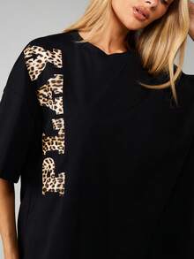 Missguided x Playboy Leopard Print Letter Graphic Oversized T-Shirt Relaxed Fit Crew Neck Casual Top - Black - View 5