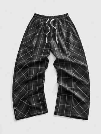 Prep Pantaloni casual larghi con coulisse e tasche, stile college, a quadri per uomo