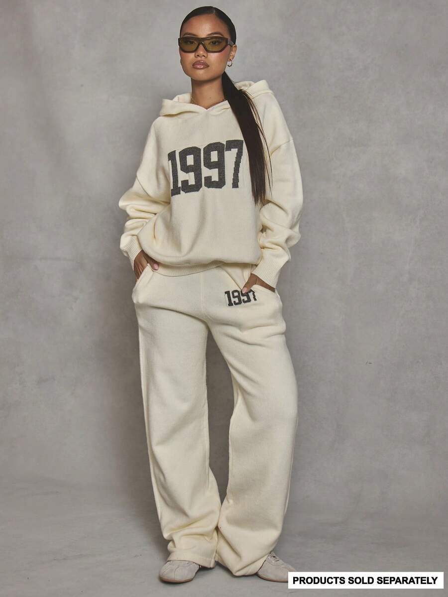 MUSERA 针织字母阔腿裤,酷女孩风格,街头风,日常穿着,冬季,1997年晚宴优雅款 - 奶油色 - 查看 1