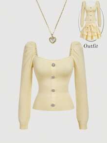 SHEIN MOD Women's Fashion Square Neck Puff Sleeve Rhinestone Button Sweater, Autumn