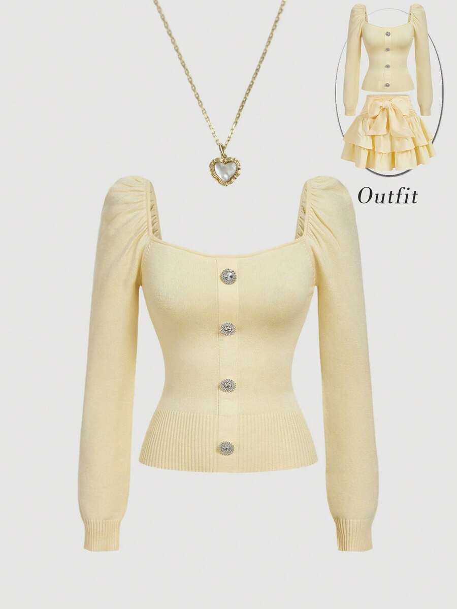 SHEIN MOD Women's Fashion Square Neck Puff Sleeve Rhinestone Button Sweater, Autumn