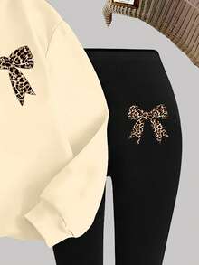 1 套年轻女孩休闲时尚简约豹纹蝴蝶结图案连帽衫和紧身裤套装，杏色，适合秋冬日常和学校服装 - 彩色 - 查看 6