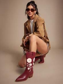 SHUZIA New Women's Floral Embroidery Vegan Leather Pointed Toe Western Style Chic Cowboy Boots Chunky Heel Slip-On Rodeo Dance Holiday Fall Winter Shoe For Christmas - Burgundy - View 2