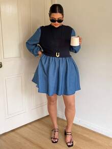 SHEIN CURVE+ Vestido de punto de talla grande con parches de mezclilla azul oscuro para otoño/invierno, vestido de Navidad, vestidos elegantes para mujer, ropa de Año Nuevo, ropa de Navidad - Azul lavado medio - Ver 2