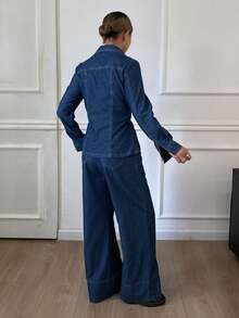 Livesso 秋冬新款宽松休闲都市风女牛仔两件套 - 藍色 - 查看 2