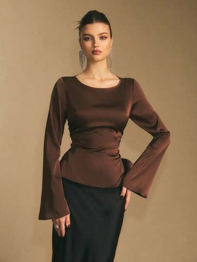Poéselle Women's Brown Round Neck Flare Sleeve Elegant Fashion Blouse,Elegant,Brown Top,New Year, Christmas Party,Party Top,Suitable For Daily Wear, Going Out, Commuting,Fall/Winter