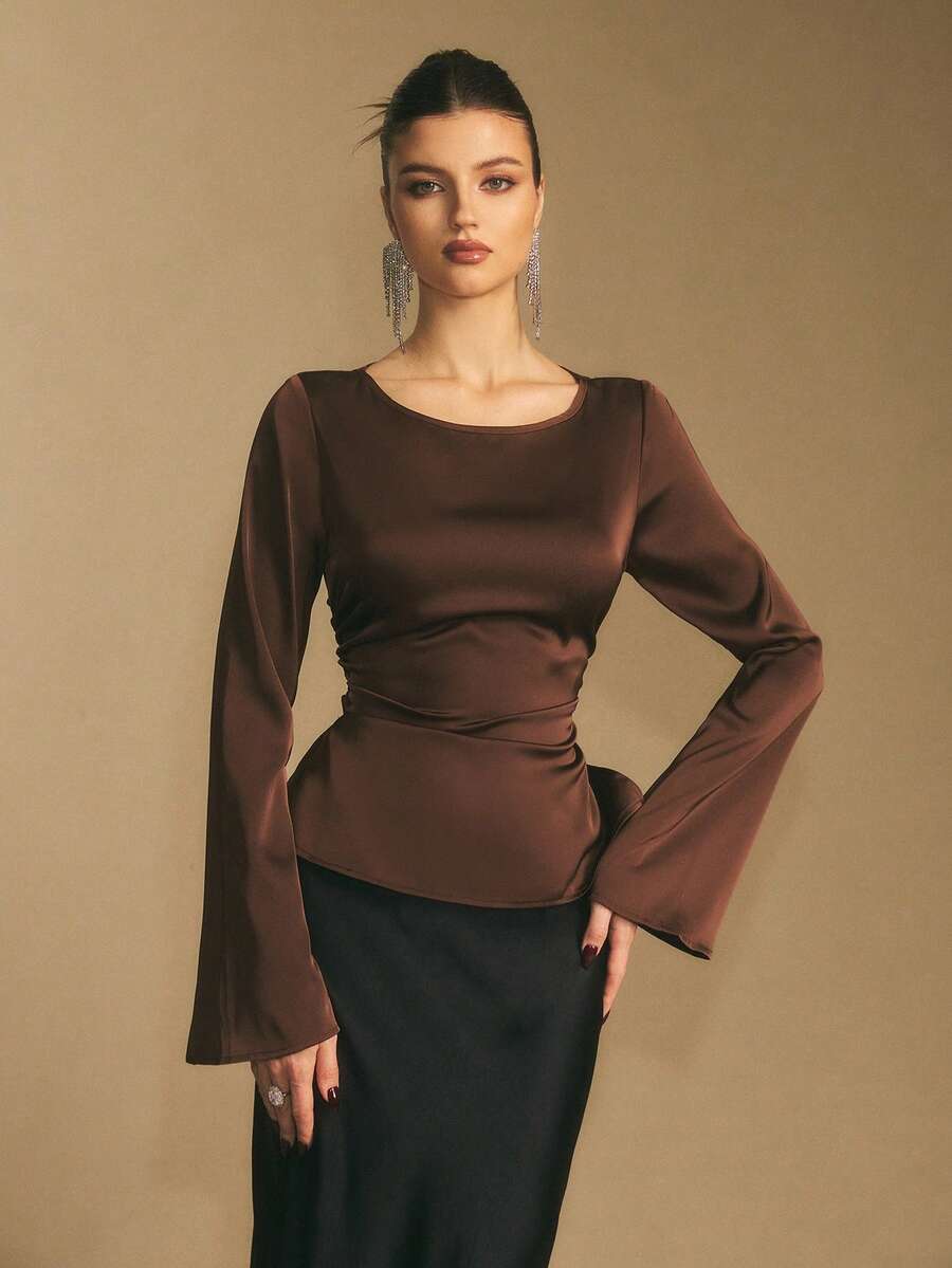 Poéselle 女式纯色圆领喇叭袖优雅时尚衬衫 - 棕色 - 查看 1