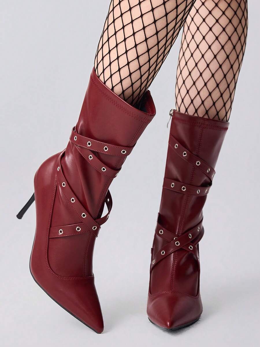 ROMWE Grunge Punk 2025 New Stylish Burgundy Pointed Toe High Heel Boots, Fashionable And Warm