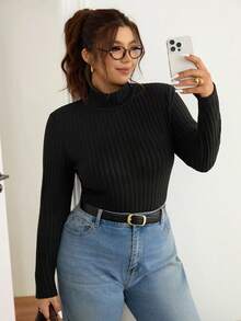 Lounesse Plus Solid Ribbed Slim Fit Mock Neck Knit Tee Office Work - Black - View 5