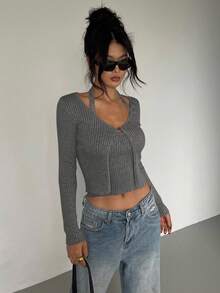 DAZY 2件套女式挂脖紧身上衣和开衫套装 - 深灰色 - 查看 2