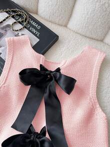 Elamini Women's Round Neck Sleeveless Bow Decor Casual Knit Sweater Vest - Baby Pink - View 3