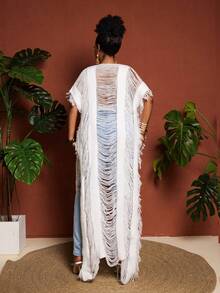 Maweii Suéter de mujer talla grande, moda femenina, cardigan elegante blanco extra largo con flecos y calado para vacaciones