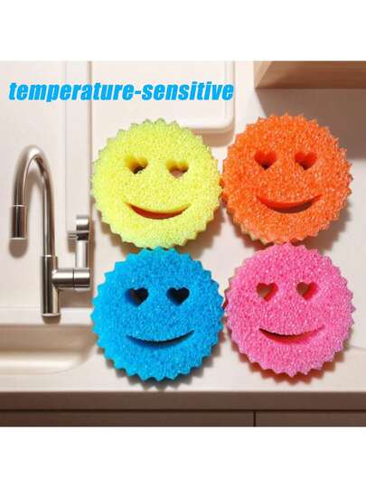 Heart-Shape Smiling Face 1pc Random Color Double-Layer Temperature-Sensitive Scrubbing Sponges-Modern Round Fast-Drying Cleaning Pads With Cartoon Design, Suitable For Kitchen, Living Room, Car, Glass - Multi-Functional Household Sponge Non-Scratch Cleaning Pads For Dishes & More - Multi-Surface Sponge Holder For Kitchen Modern Sink Sponges For Washing Dishes