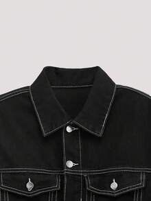 Open Phase Men's Fashionable Casual Street Style Denim Jacket, Versatile Young Streetwear College Jacket, Fall - Black - View 4