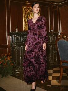 Anewsta Women's Velvet Burnout Vintage Elegant Long Dress, Suitable For Winter, Fall, Christmas, New Year, Spring, Party, Wedding, Elegant, Chic, Stylish, Christmas, Business Casual - Burgundy - View 7