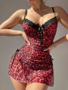 SHEIN 2件套性感豹纹网眼蕾丝荷叶边开衩吊带裙套装 - 紅色 - 查看 3