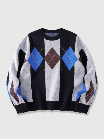Street Life Suéter de cuello redondo de manga larga con patrón de diamantes y bloques de color para hombre