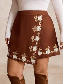 EMERY ROSE Plus Size Women's Brown Floral Print Asymmetric Hem Skirt, Suitable For Ladies Autumn Wear - Brown - View 3