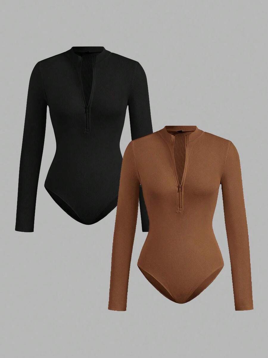SHEIN EZwear 2 件女式半拉链高领紧身休闲长袖紧身衣套装,适合秋冬季 - 彩色 - 查看 1