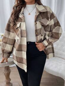 SHEIN LUNE Plus Plaid Flap Pocket Drop Shoulder Coat Fall Winter Cloth For Women Autumn