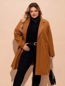 SHEIN CURVE+ 曲线加大翻领双排扣大衣 - 巧克力棕 - 查看 6