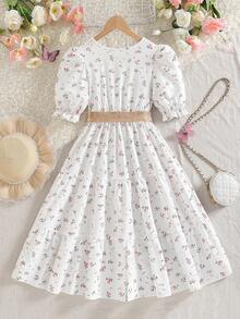 Sparklyn Tween Girls Floral Print Puff Sleeve Dress, Sweet & Fashionable, No Belt, Spring/Summer - White - View 2