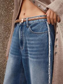 Selenza Women's Jeans Patchwork Rhinestone Chain Pants, New High Waist Slimming Versatile Wide Leg Straight Trousers - Light Wash - View 8