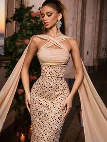Glamrae Elegant Apricot Luxurious Three-Dimensional Sequined Satin Stitching Tube Top With Cross-Shoulder Halter Neck And Floating Pieces, High Waist And Slim Straight-Cut Hip-Hugging Maxi Dress, Suitable For Dating, Vacation, Bachelorette Party, Wedding Event, Christmas And New Year's Elegant And Gorgeous Evening Dress