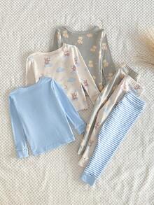 6件套婴幼儿男童可爱小熊全身印花长袖上衣和条纹长裤睡衣套装 - 彩色 - 查看 2