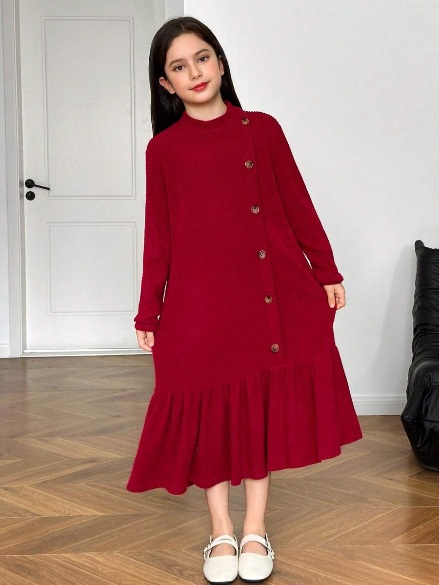 SHEIN 青少年女孩秋冬休闲舒适立领修身宽松 A 字形拼接褶皱下摆长袖罗纹针织纽扣装饰连衣裙,酒红色,圣诞节和新年连衣裙 - 酒紅色 - 查看 1