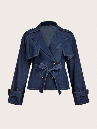 SHEIN MOD Plus Size Women Street Style Casual Waist Belt Denim Jacket Women's Winter Jacket New Year Women's Clothes Elegant Jacket For Women Party Jacket For Women Stylish Ladies Dark Wash Denim Coat Short Double-Breasted Jacket With Tie-Front Belt