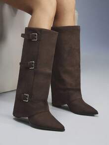 CUCCOO GRLICON 女式流苏尖头粗跟绒面西部靴，修身高筒靴，适合万圣节、圣诞节、派对、Y2K、朋克、机车风格 - 咖啡棕 - 查看 6