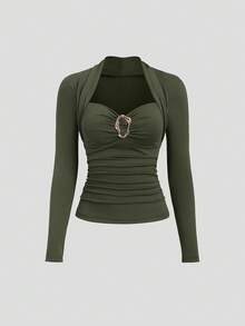 Sweetra New Autumn Metal Decor Button Hollow Out Women T-Shirt - Green - View 3