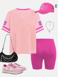 SHEIN 2 件女童休闲短袖上衣和短裤套装，适合夏季 - 彩色 - 查看 3