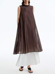 Aalyst Women's Elegant, Luxury, Minimalist Design Sense, Casual, Vacation, Commute Comfortable Loose Solid Color Contrast Patchwork Semi-Sheer Fabric Round Neck A-Line Hem Sleeveless Side Slit Maxi Dress, Spring/Summer - Multicolor - View 3