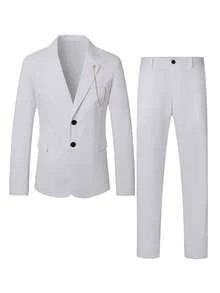 Calvornis Men's Simple Solid Color Jacket And Pants Suit, Party/Business Attire - White - View 4