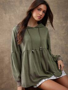 WESTFADE Cotton Blend Washed French Terry Hooded Tiered Ruffle Loose Fit Babydoll Hoodie Cute Fall Sweatshirt, Autumn, Winter, Casual Sweatshirt, Holiday, Thanksgiving, Christmas, Boho, Country Western - Olive Green - View 1