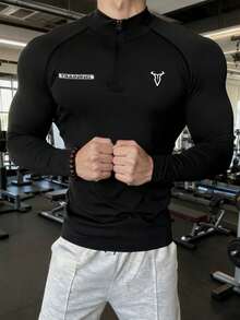 Manfinity Sport Corelite 男式字母印花插肩袖半拉链运动 T 恤，春秋季 - 黑色 - 查看 4