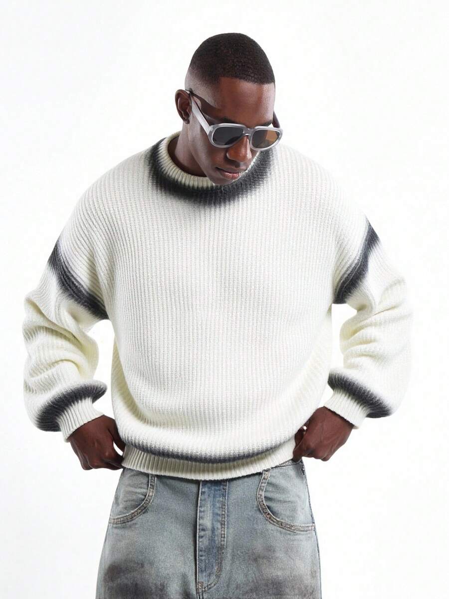 Suéter de punto acanalado de invierno SUMWON con diseño de efecto rociado, cuello redondo, estilo casual moderno, manga larga, patrón de textura de moda, ajuste clásico, jersey liso - Albaricoque - Ver 1