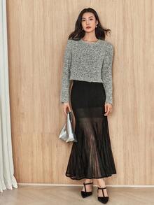 Dazy-Less 优雅亮片点缀商务休闲百搭圆领针织毛衣，适合女士穿着，秋季、冬季、新年、圣诞节嘉年华等场合。 - 灰色 - 查看 4