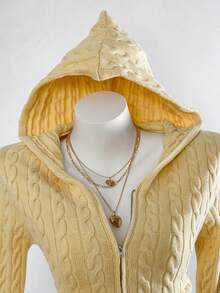 Sweetra 女式简约甜美黄色长袖连帽拉链开衫针织毛衣，秋冬 - 黃色 - 查看 6