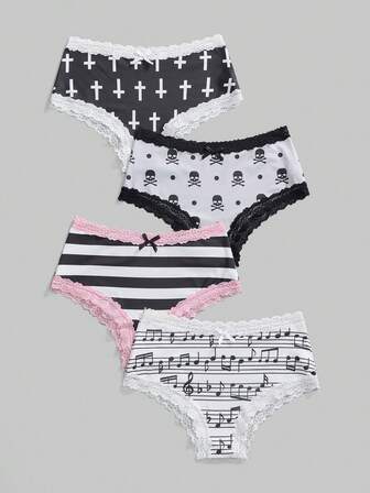 4pcs/Set Gothic Style Striped Cross, Music Note, Skull, Polka Dot & Lace Women's Thong Panties