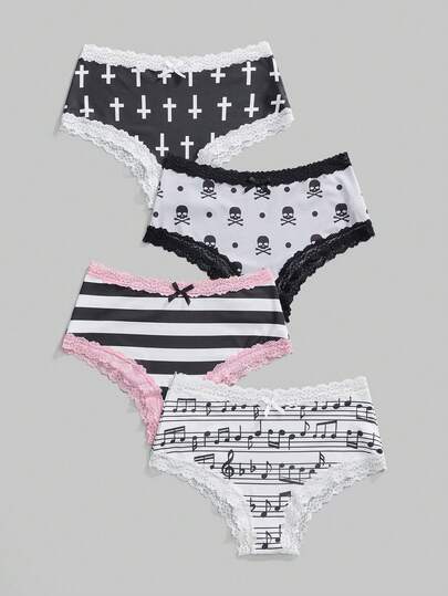 4pcs/Set Gothic Style Striped Cross, Music Note, Skull, Polka Dot & Lace Women's Thong Panties