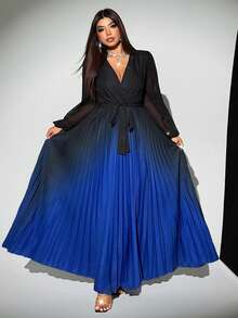 SHEIN CURVE+ 大码女式优雅渐变色交叉领口雪纺透明袖腰带蝴蝶结腰部褶皱长裙，百搭设计，适合派对、聚会、外出 - 彩色 - 查看 3