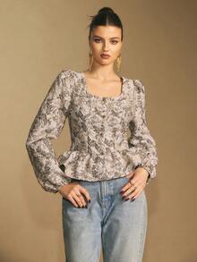Poéselle Áo peplum hoa cổ điển dành cho nữ – Áo cổ vuông tay bồng cài nút, Áo peplum hoa giản dị, sang trọng, thích hợp cho tiệc Giáng sinh, mùa thu/đông, năm mới - màu đen - Xem 1