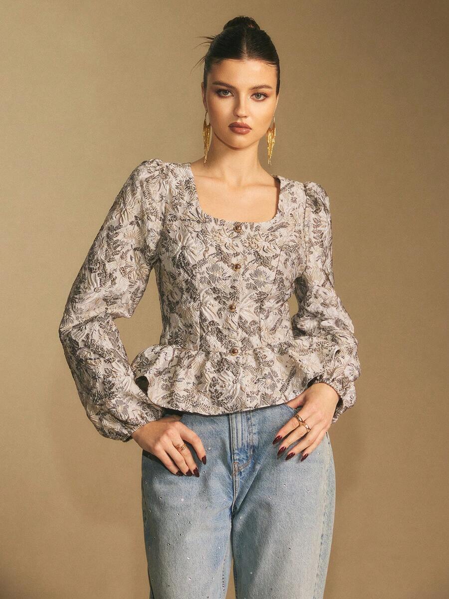 Poéselle Áo peplum hoa cổ điển dành cho nữ – Áo cổ vuông tay bồng cài nút, Áo peplum hoa giản dị, sang trọng, thích hợp cho tiệc Giáng sinh, mùa thu/đông, năm mới - màu đen - Xem 1