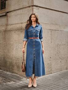 Selenza Women's Cuffed Sleeve Single-Breasted Pocket Design Casual Denim Dress