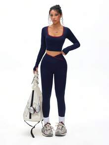 Dewbera 女式无缝撞色高腰收腹短袖紧身运动服套装 - 藏蓝色 - 查看 1