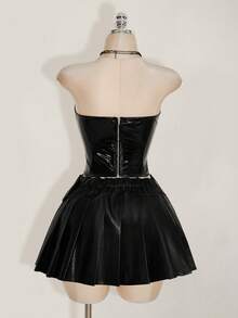 SHEIN ICON Y2k 女式加大码乡村音乐会嬉皮士黑色哥特 PU 鸡眼系带短款紧身胸衣上衣，时尚 - 黑色 - 查看 2